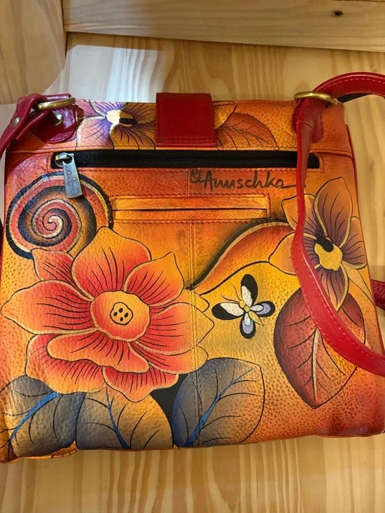 Anuschka Leather Floral Painted Red Crossbody Bag - Picture 10 of 10
